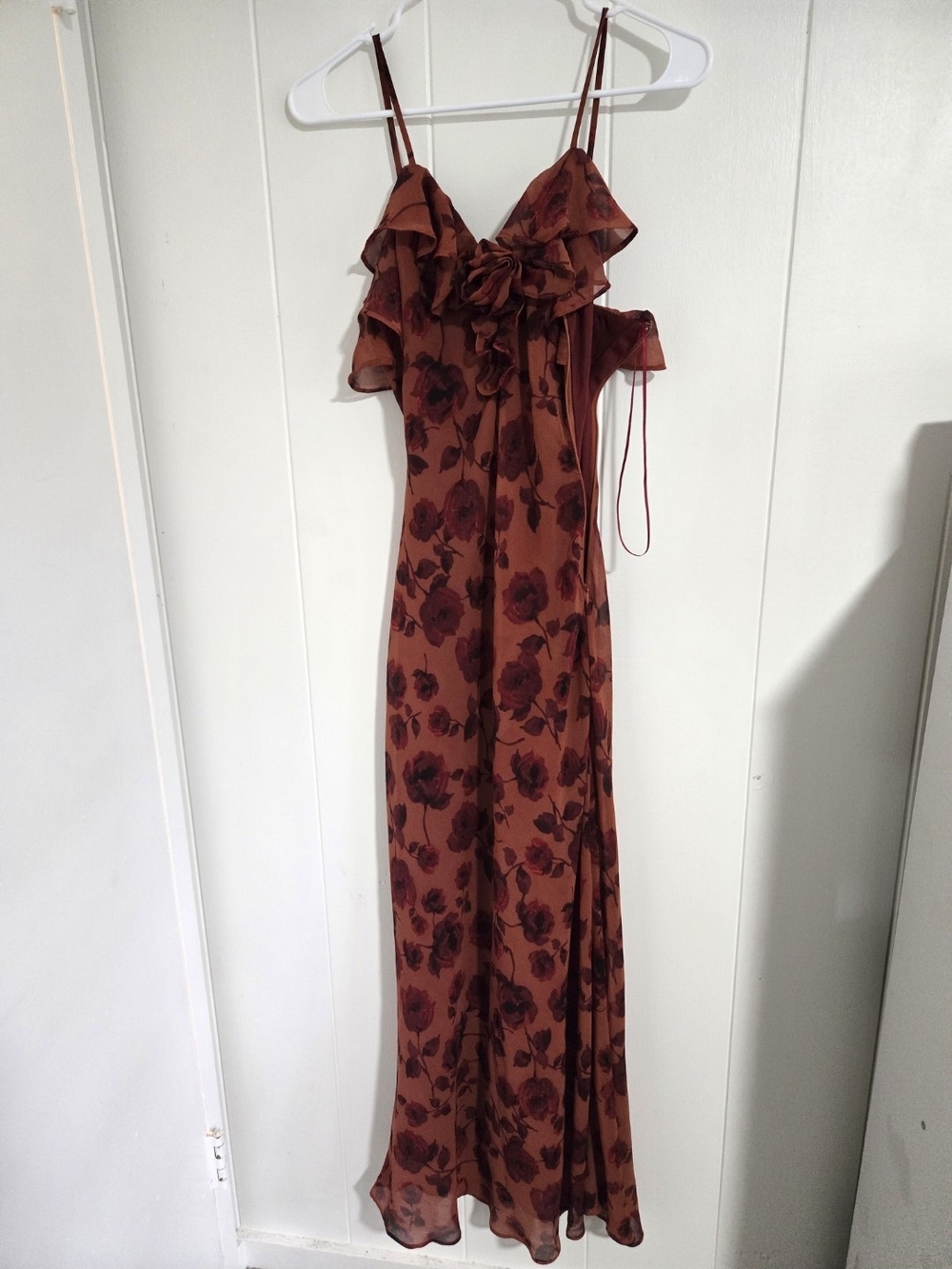 Floral Ruffle Slip Maxi Dress in Rust